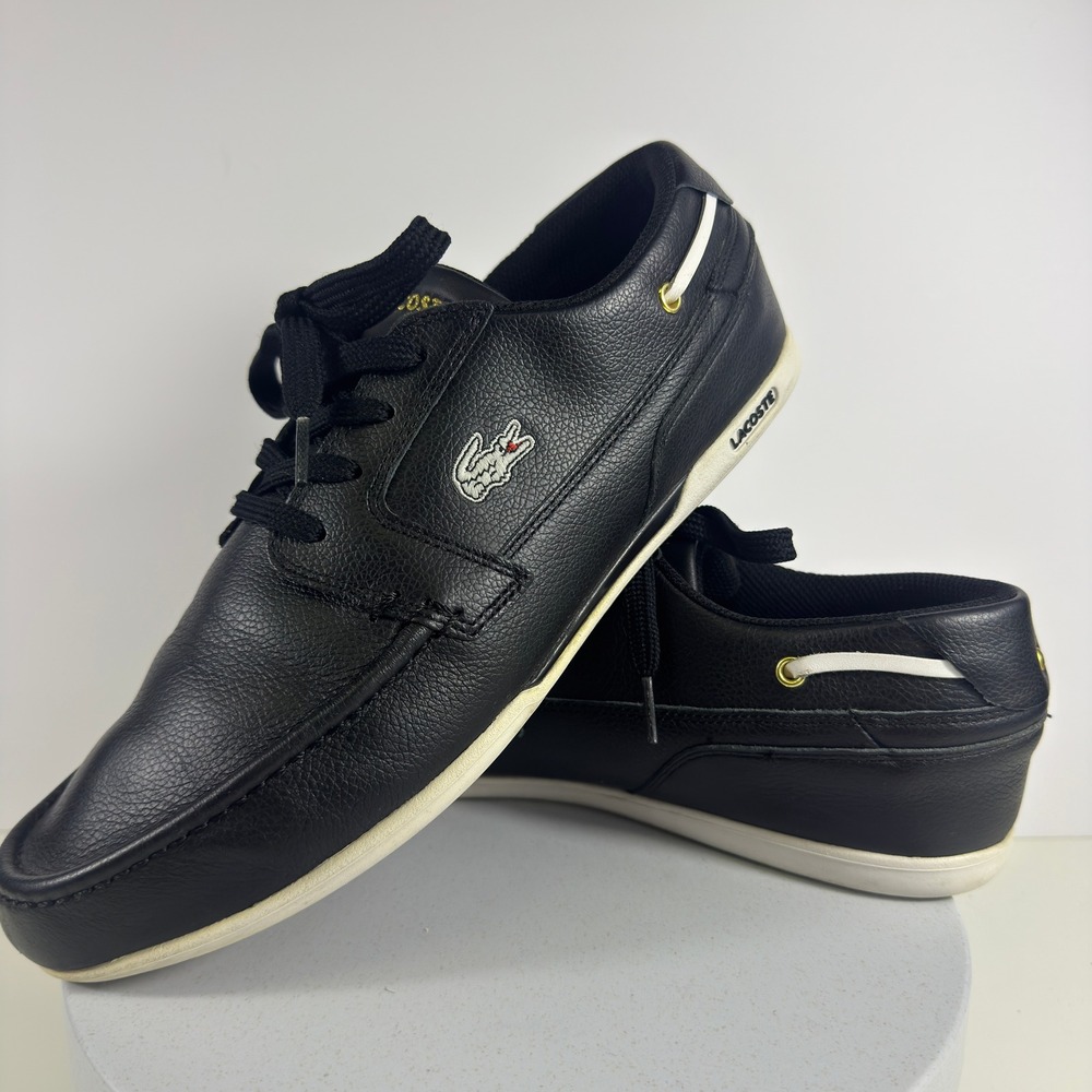 Lacoste Mens Black Leather Boat Shoes Low Top Sneakers‎ Gold Logo Moc Toe 10